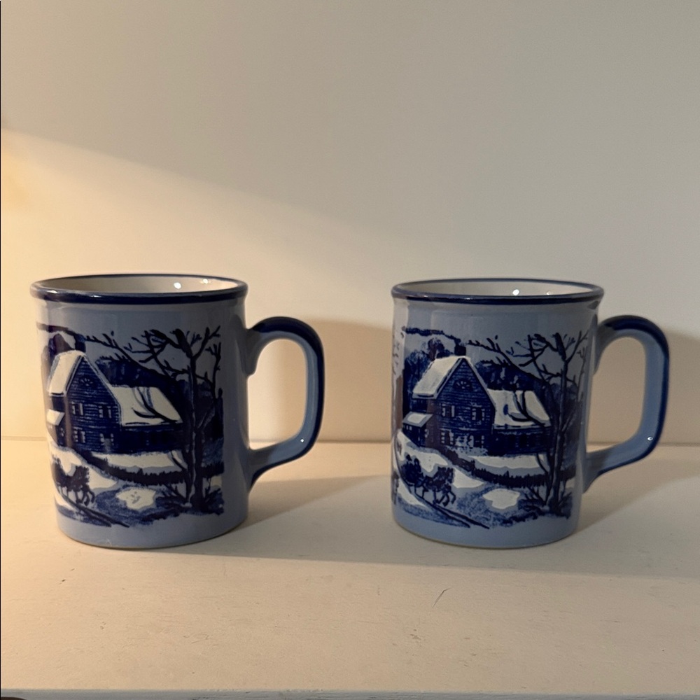 Blue Winter Scene Vintage Mugs